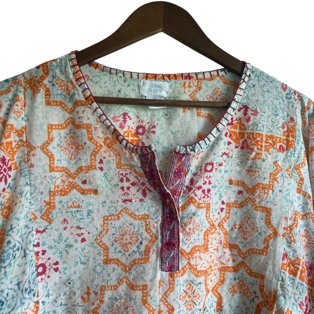 Sigrid Olsen Womens Boho‎ Coastal Peasant Top M Orange Geometric Cottage Artsy - Picture 6 of 8
